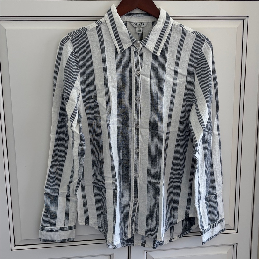 Orvis Linen Black White Striped Long Sleeve Button Shirt Outdoor Womens Small